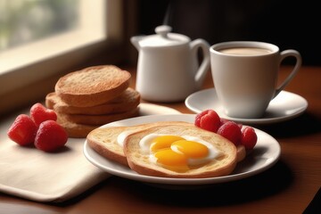 Wall Mural - breakfast with coffee, eggs and bread