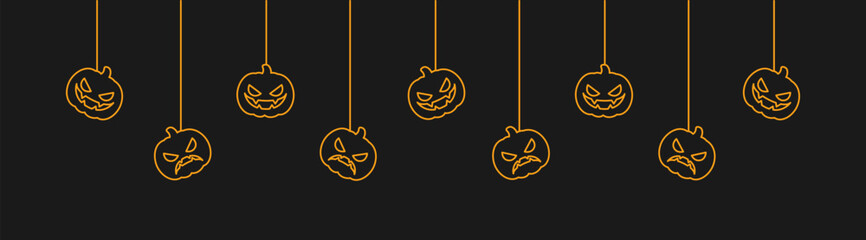 Wall Mural - Happy Halloween banner or border with glowing jack o lantern pumpkins. Hanging Spooky Ornaments Decoration Vector illustration, trick or treat party invitation