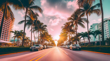 Amrican Miami California Road Trip With Palms. Adventure Travel Vacation Vibe