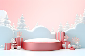 Wall Mural - 3D minimal stage podium pedestal platform with gifts box presents decoration in winter landscape snow scene Christmas background, Light pastel design, Empty display presentation product, AI generate