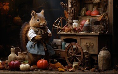 Wall Mural - Stocks for Winter Time: Squirrel Leads Active Harvesting