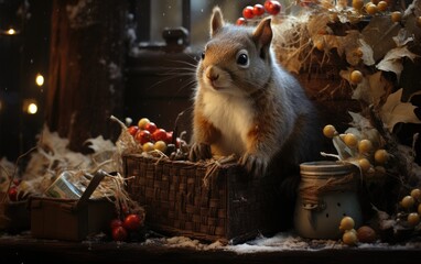 Wall Mural - Stocks for Winter Time: Squirrel Leads Active Harvesting