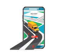 Yellow Delivery Truck Is On Road And Is Following A GPS Track Along Red Pin To Deliver Goods To Customer After Customer Press Buy Order Button