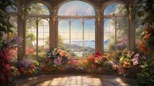 A Painting Of A Window With A View Of A Beautiful Garden.  Generative Ai