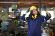 © offsuperphoto - factory worker or technician looking and checking screw in the factory