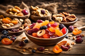 Wall Mural - Nuts and dried fruit mix, healthy and wholesome food. Vintage wooden background, selective focus