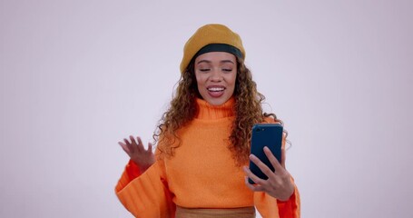 Aufkleber - Young woman, video call and wave in studio, smile and hello with communication, vlog and white background. Gen z student, influencer girl and happy for webinar, live streaming or post on social media