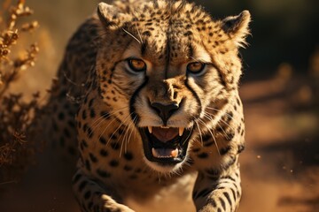 Wall Mural - large cheetah charging directly at the camera (Generative AI)