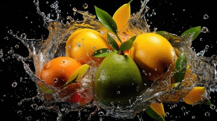  Close-up fresh yellow mangoes splashed with water on black and blurred background