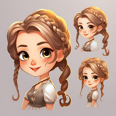 draw the character in the game is a girl with braided hair on both sides, chibi cartoon style, angle 3/4