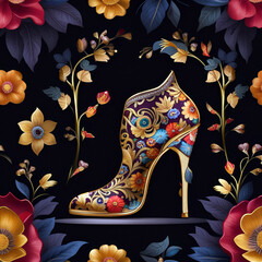  woman footwear, high heels shoes with floral decorations and golden accessories, generative ai illustration, these depiction is fictitious and generated