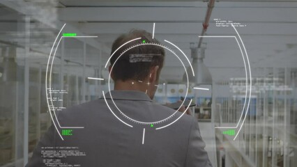 Poster - Animation of data processing and scope scanning over rear view of businessman talking on smartphone