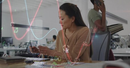 Poster - Animation of data processing over asian woman holding color palette using graphic tablet at office