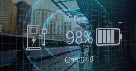 Poster - Animation of changing numbers, charging text, icons over globe against time-lapse of moving vehicles