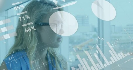 Poster - Animation of infographic interface over caucasian woman looking through glass window
