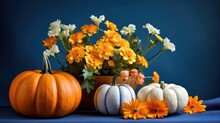 Composition Autumn Bouquet Of Flowers And Pumpkin Created With Generative AI Technology