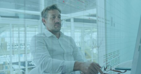 Aufkleber - Animation of multiple graphs, trading board, happy caucasian man relaxing after working on desktop