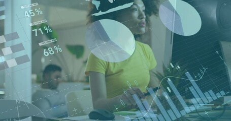 Poster - Animation of infographic interface over biracial woman working on desktop in office