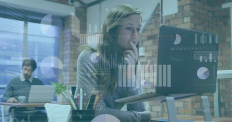 Poster - Animation of multiple graphs, icons and trading board over caucasian woman working on laptop