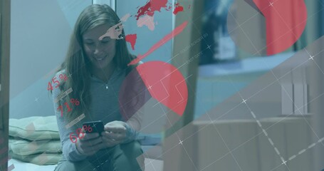 Poster - Animation of white infographic interface, caucasian woman sitting on bed and chatting on cellphone