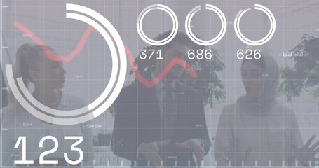Poster - Animation of loading circles, numbers, graph, diverse coworkers discussing while walking in office