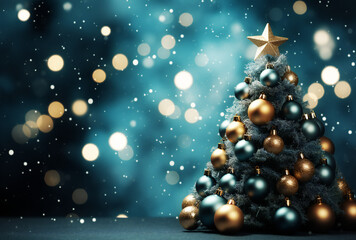 Christmas tree, featuring golden sparkles, a radiant golden star, and exquisite gold and teal ornaments