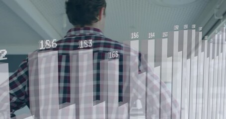 Aufkleber - Animation of changing numbers on bar graphs over thoughtful caucasian man looking through window