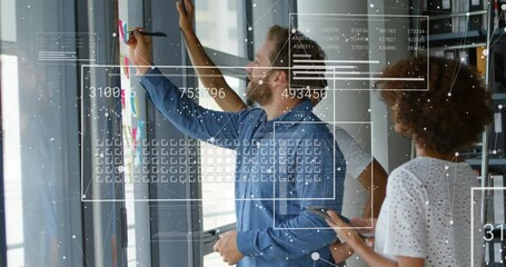 Poster - Animation of connected dots, numbers, loading squares, diverse coworkers discussing in office