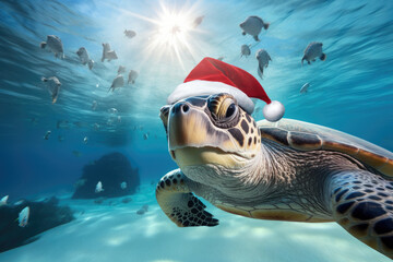 Sea turtle took a selfie under water. Wearing a Christmas hat. Posing on mesmerising underwater scene with vibrant coral reef. Celebrating Christmas under the water concept.
