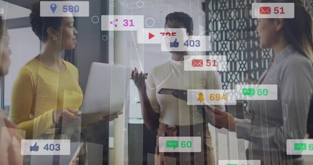 Poster - Animation of notification bars, graphs, diverse female coworkers discussing reports in office