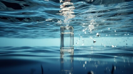  a clear bottle floating in the water with water bubbles coming out of it.  generative ai