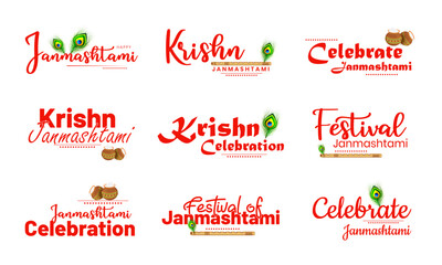 Creative Typography badges and emblem set of Lord Krishna Janmashtami indian festival celebration.