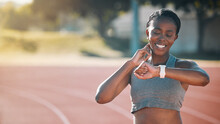 Time, Watch And Exercise With A Woman Outdoor On A Track For Running, Training Or Workout. African Athlete Person At Stadium For Goals, Fitness And Body Wellness Or Check Pulse For Progress And Space