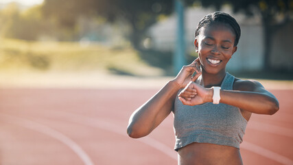 time, watch and exercise with a woman outdoor on a track for running, training or workout. african a