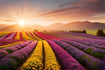 Poster - lavender field at sunset generated Ai