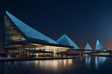 Contemporary triangle shape design modern Architecture building exterior. Night scene
