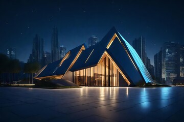 Contemporary triangle shape design modern Architecture building exterior. Night scene