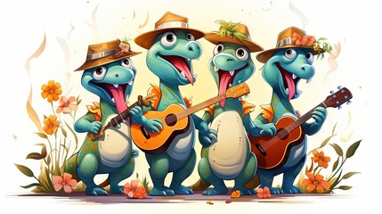 Wall Mural -  a group of three cartoon dinosaurs with hats and guitars playing music.  generative ai