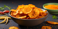  Spicy Banana Chips On Gray Background. Indian Food Concept.