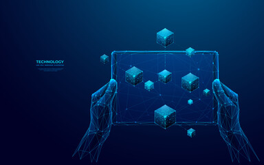  Abstract hands holding tablet with linked blocks on an empty screen. Close-up businessman and mobile device. Blockchain technology concept. Low poly wireframe vector illustration with 3D effect.