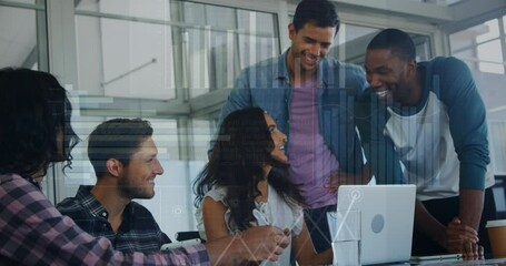 Poster - Animation of graphs, loading circles, bars, diverse coworkers sharing ideas in office