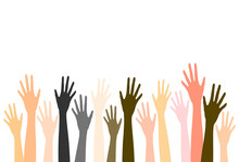 Diverse Raised Hands Illustration. Multiracial Group Hand Raised, Hand Up, Hands Voting.