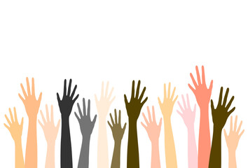 Diverse raised hands Illustration. Multiracial group hand raised, hand up, hands voting.