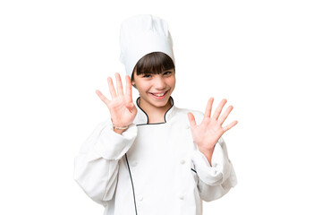 Wall Mural - Little caucasian chef girl over isolated background counting nine with fingers