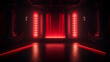 Empty stage or podium with red neon lights. Copy space. Night club wall design. Generative AI