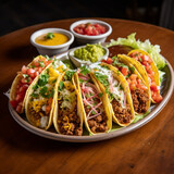 Fototapeta  - osiem różnych tacos na jednym talerzu z dodatkami, położonych na stole.