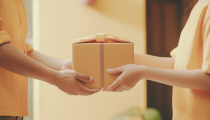 Delivery man and parcel box, parcels or customer goods in transit services, Receive items from the courier, Home delivery, Close-up of delivery man delivering holding parcel box to woman customer.