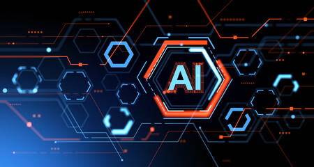 Poster - Digital AI hologram with glowing connection cells, machine learning