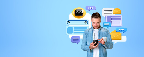 Poster - Concentrated man using smartphone and chat bot, virtual assistant and machine