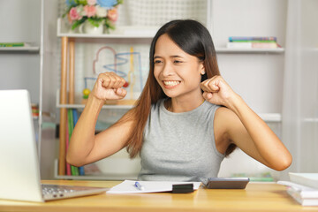 Poster - happy business woman from higher sales and profits